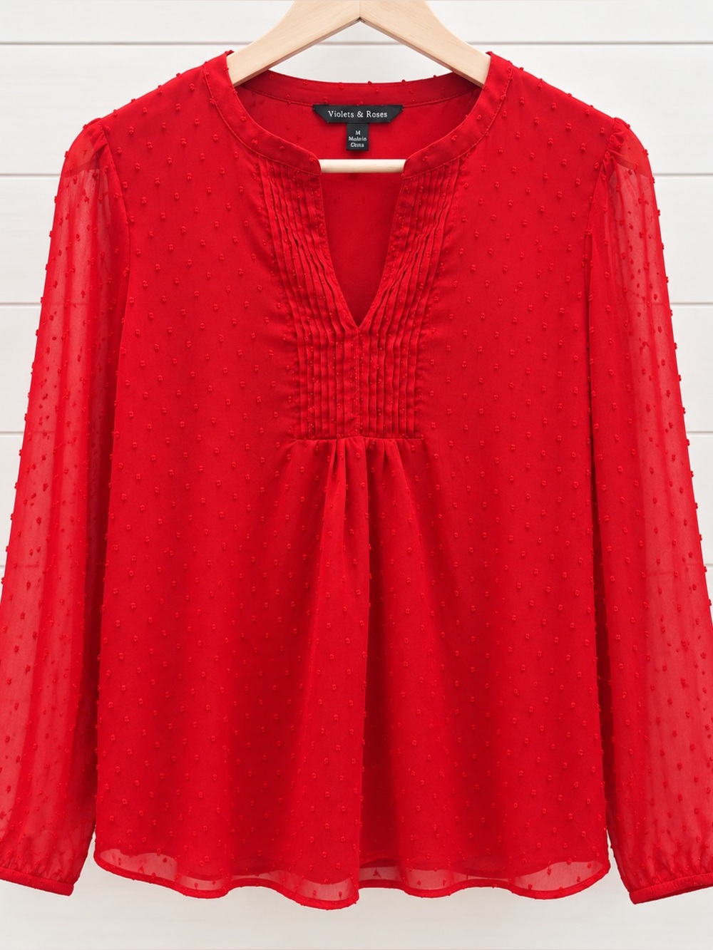 Violets & Roses Red Pintuck Swiss Dot V-Neck Blouse